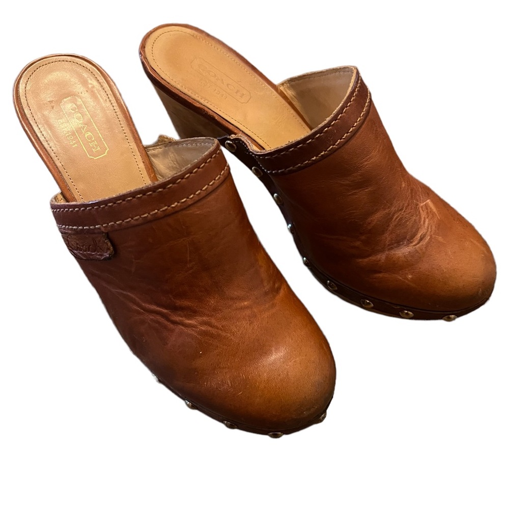 Leather Studded Brown Clog Heels - Picture 4 of 10